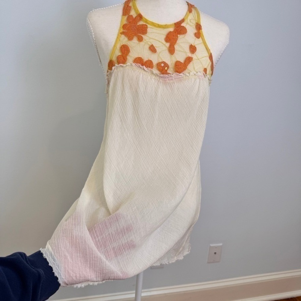 Free People Sheer Mini Dress XS Ivory Cotton Gauze Y2K Embroidered Floral Fairy - Picture 4 of 13